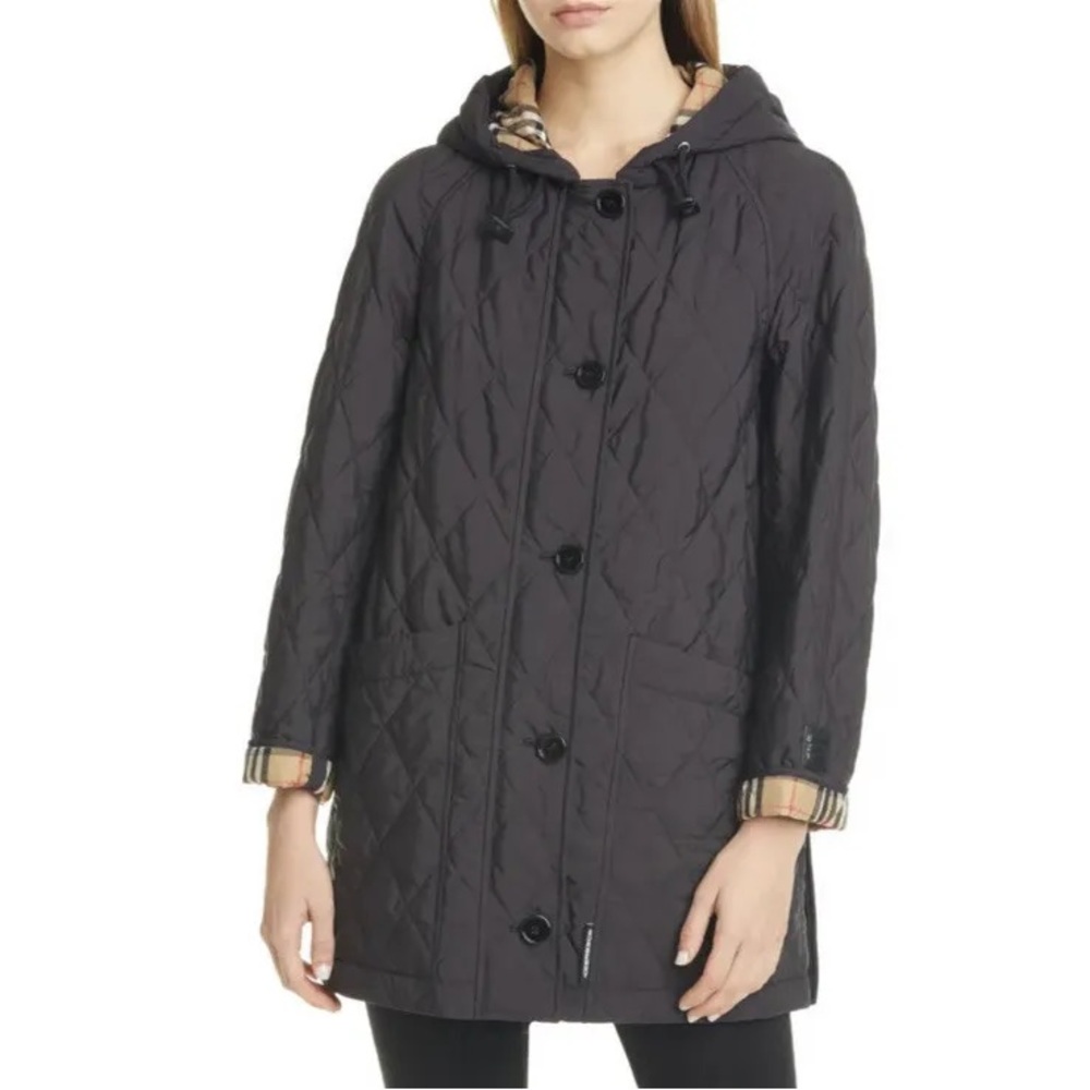 Quilted black Burberry coat with hood
